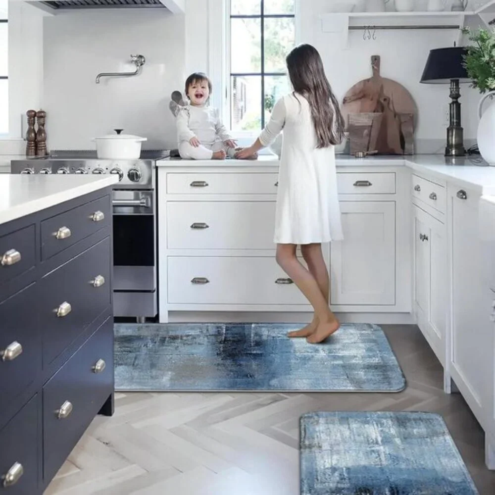 New Blue and Gray Kitchen Mat, Set of 2 Non-Skid Washable Abstract Floor Rugs